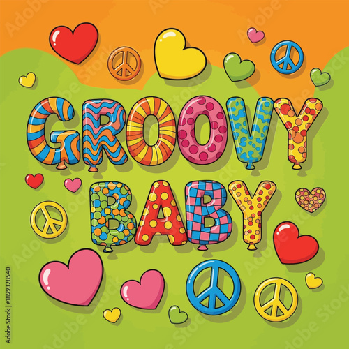 Groovy baby graphic artwork poster featuring colorful letters and retro peace symbols on a vibrant background that embodies the spirit of 1960s hippie culture and funky designs perfectly.