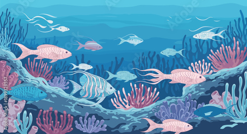 Vibrant underwater scene depicts various colorful fish swimming through coral reefs in a deep blue ocean with aquatic plants.