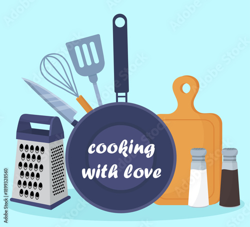 Love cooking card frying pan cutting board kitchen tools salt and pepper vibrant design