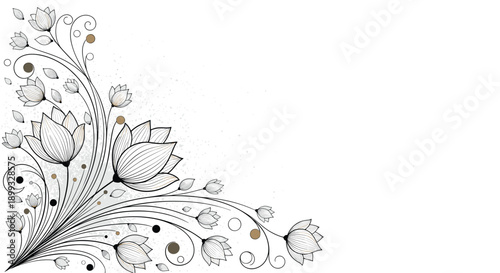 Decorative floral corner design features intricate line art of lotus flowers and swirling vines with subtle brown accents.
