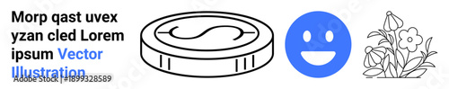 Economy, emotions, nature, finance, positivity botanical art. Includes a coin symbol a happy face and flowers. Economy and emotions concepts. Line metaphor. Simple line icons