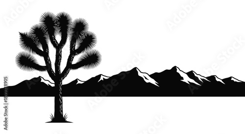 A striking black silhouette of a joshua tree and mountains against a clear horizon on transparent background silhouette high quality professional
