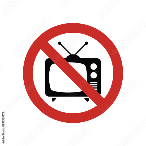 A red prohibition sign featuring a black silhouette of an old television