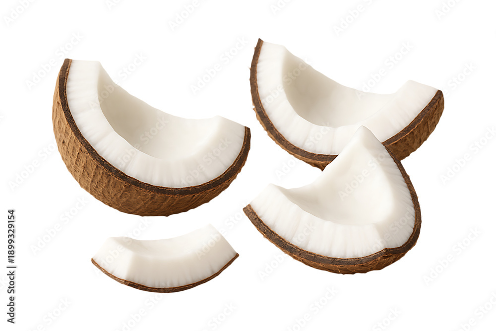 Fototapeta premium Sliced coconut pieces floating on transparent background