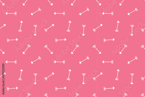 Cute seamless pattern. White arrow on pink background. Romantic concept for Valentines Day. All Lovers Day. For textiles, packaging, wallpapers, backgrounds or websites. Flat vector design.