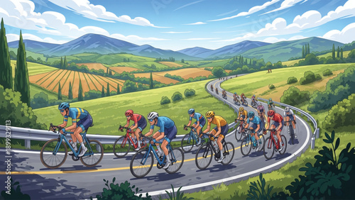 Cyclists riding bicycles on a scenic road through green hills.