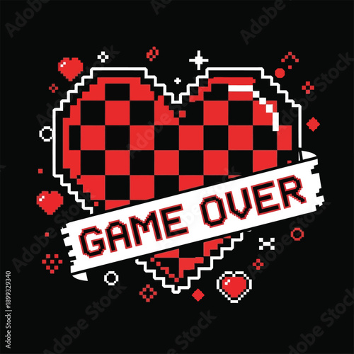 Pixel art heart with checkered pattern and game over text against a black background with decorations and small hearts.