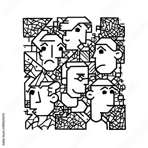 Angry faces illustration with abstract geometric patterns and fractured background conveying frustration and negative emotions in a bold black and white design