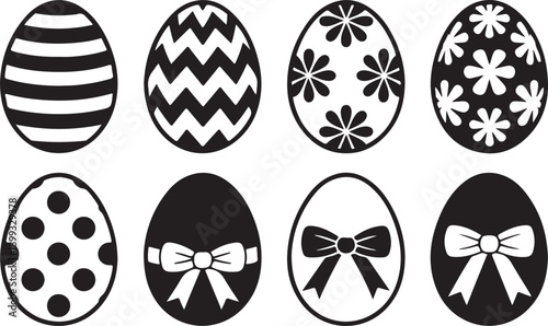 Collection of eight decorative easter egg silhouettes with various patterns isolated on transparent background