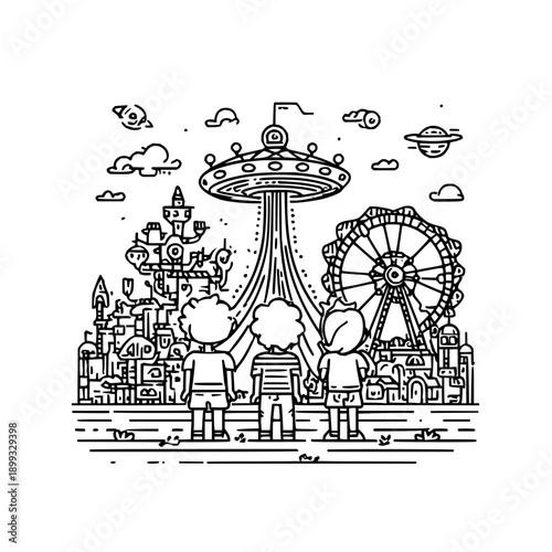 Three people watching ufo descend on amusement park with city skyline and ferris wheel in simple line art style