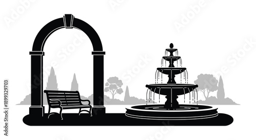 A striking black silhouette of a fountain with an archway and park bench on transparent background high quality professional detailed modern
