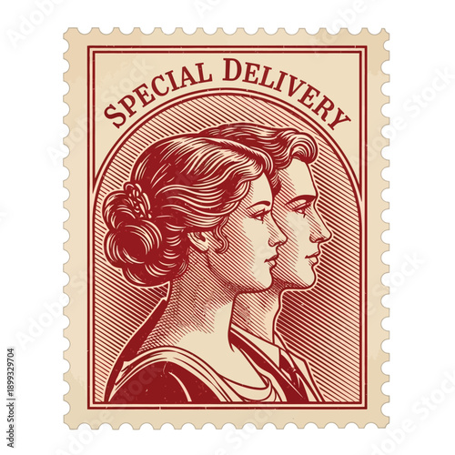 Vintage style special delivery stamp featuring a man and woman facing right in a classic red and beige design evoking nostalgia and traditional postal service.
