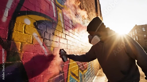 Man in respirator mask spray paints colorful graffiti on a brick wall. Bright sun flare adds dramatic lighting to the urban art. Unrecognizable artist.