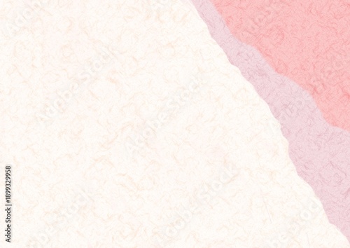 Washi paper background with layered pink and beige torn edges, traditional Japanese paper texture for greeting cards, horizontal composition.