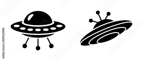 Black Silhouette Flying Saucers U F Os with Lights and Antennas White Background alien spaceship