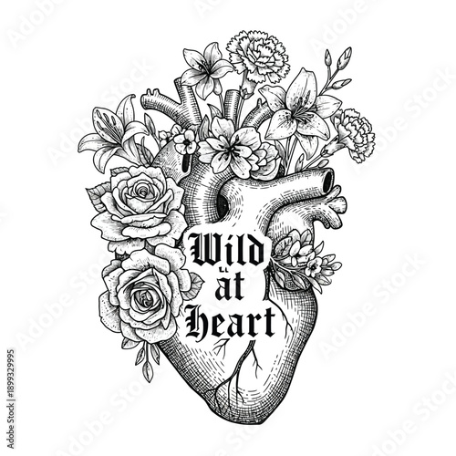 Anatomical heart illustration with flowers and wild at heart text in a decorative black and white design perfect for tattoos and art projects that require a touch of elegance and creativity.