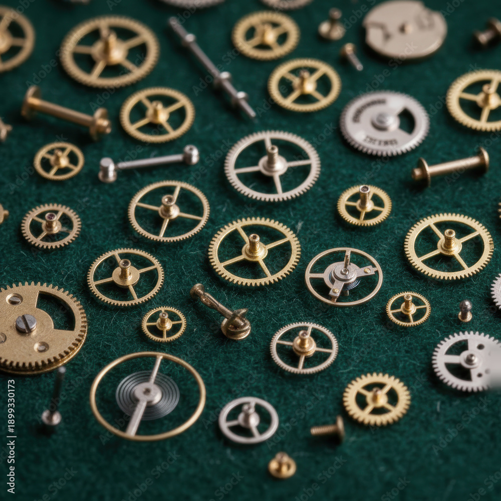 Fototapeta premium Macro Flat Lay of Precision Watch Gears and Mechanical Parts