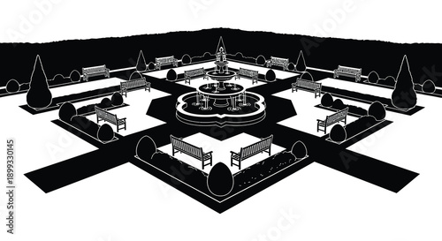 A black and white illustration depicts a formal garden with a central fountain and benches on transparent background silhouette high quality