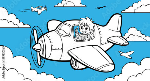 Cartoon Airplane Flying High Sky.