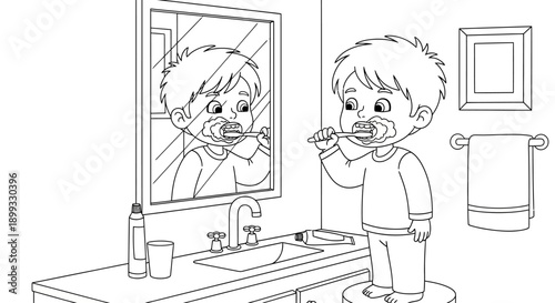 Young Boy Brushing Teeth in Bathroom.