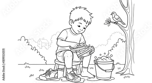 Young Boy Fishing with Bucket.