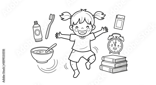 Little Girl Jumping with Morning Routine Items.