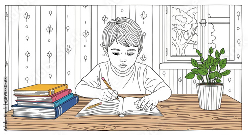 Child sitting at desk writing.