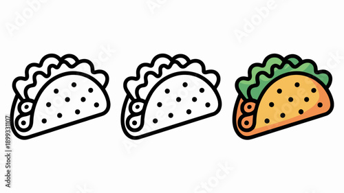 Stylized tacos showing progression from outline to color food mexican