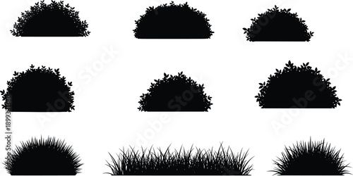 Bush and grass silhouettes set, black hedge shrubs shapes, natural garden foliage collection, isolated botanical elements, vector design