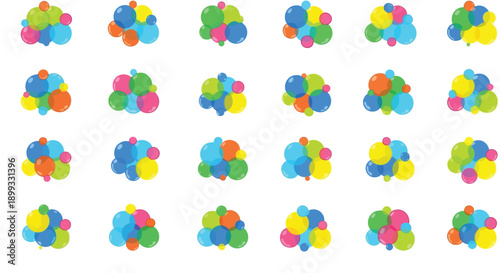 Vibrant seamless pattern featuring clusters of overlapping translucent colored spheres representing abstract molecular structures or colorful bubbles collection