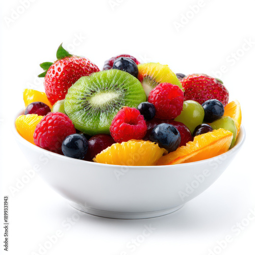 Colorful mixed fresh tropical and berries fruit salad in bowl - isolated on transparent background