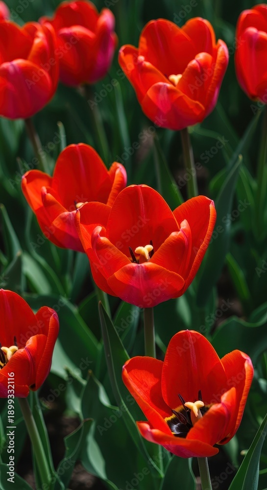 Obraz premium Vibrant scarlet red tulip blossoms blooming profusely in a sunny springtime flower garden bed, showcasing fresh petals and green foliage detail, nature, fresh, petal
