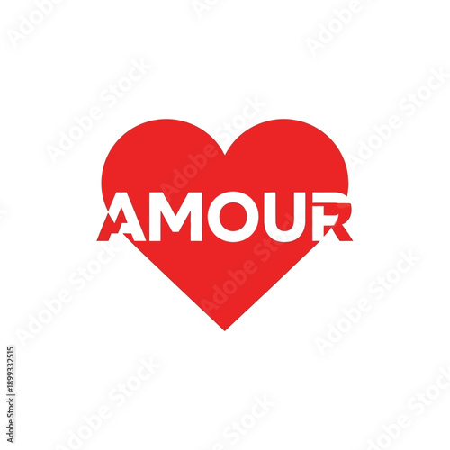 Amour logo featuring a stylized red heart with the word amour written across it in bold white letters symbolizing love and affection perfectly.