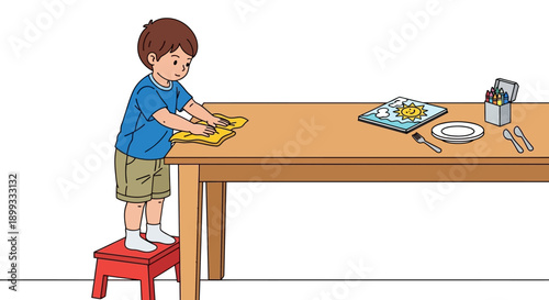 Boy standing on stool table.