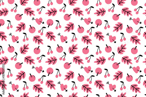 Cute seamless pattern with hearts, cherries, leaves and apples. Romantic concept for Valentines Day. All Lovers Day. For textiles, packaging, wallpapers, backgrounds or websites. Flat vector design.