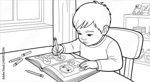 Little Boy Coloring Book Page.
