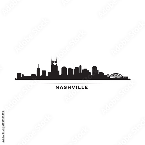 A striking black silhouette of the nashville skyline with city name below
