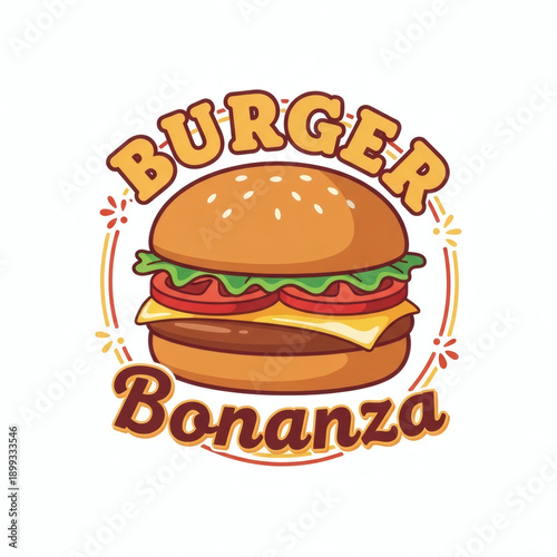 Burger Bonanza Logo, Fun Cartoon Hamburger Branding with Festive Stars & Cursive Identity