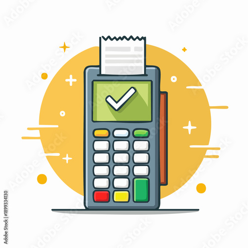 Electronic payment terminal with a receipt and a green checkmark indicating successful transaction