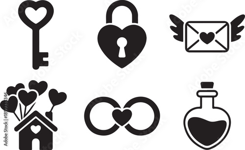 Flat black silhouette vector art of heart key lock flying love letter house with balloons infinity symbol and potion bottle for valentine romance design