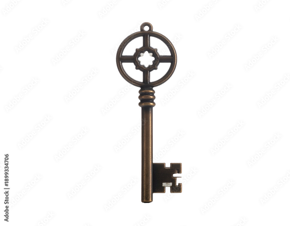 Obraz premium Antique bronze key, intricate handle design, set against a black backdrop