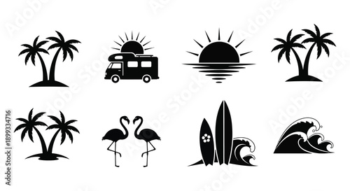 A collection of tropical vacation icons featuring a camper van flamingos and ocean elements silhouette on transparent background high quality professional