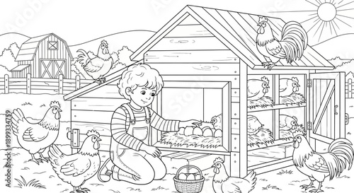 Boy Feeding Chicken Farm Animals.