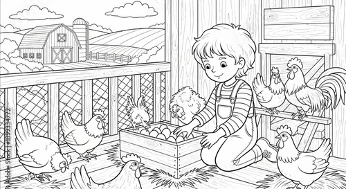 Boy Feeding Chickens on Farm.