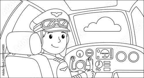 Smiling cartoon pilot in cockpit.