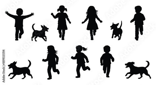 A collection of playful children and dogs depicted in black silhouettes ideal for design use on transparent background high quality professional