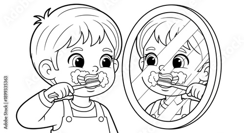 Boy Brushing Teeth in Front Mirror.