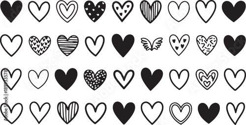 Heart doodles set. Hand drawn hearts collection. Romance and love illustrations