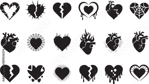 Heart tattoo gothic set, graffiti rock flame shape kit, vector u2k abstract love logo concept. Valentine punk retro sticker collection, neotribal web goth decoration. Dripping heart tattoo prints