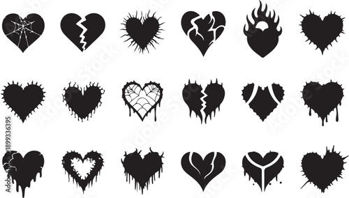 Heart tattoo gothic set, graffiti rock flame shape kit, vector u2k abstract love logo concept. Valentine punk retro sticker collection, neotribal web goth decoration. Dripping heart tattoo prints